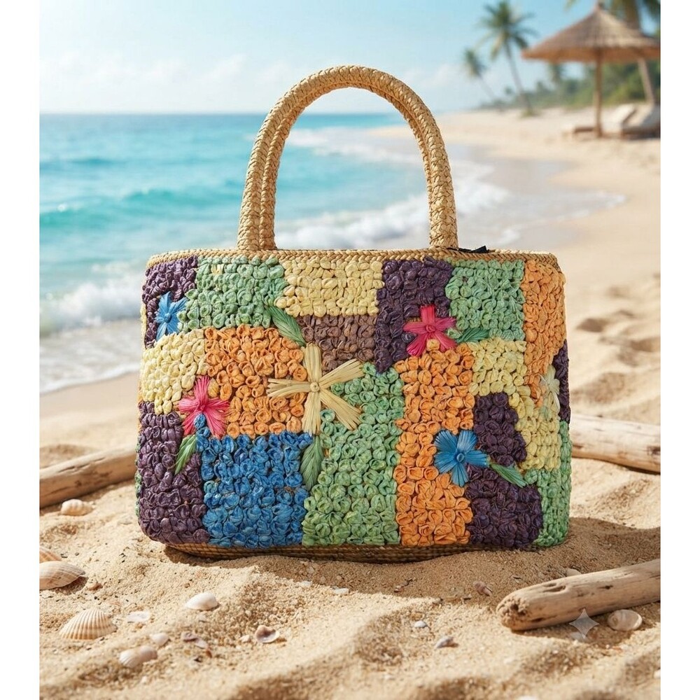 Vntg Kulanui of Hawaii Woven Straw Patchwork Floral Raffia Handbag Colorful New